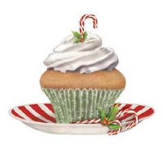 a watercolor painting of a cupcake with white frosting and candy canes