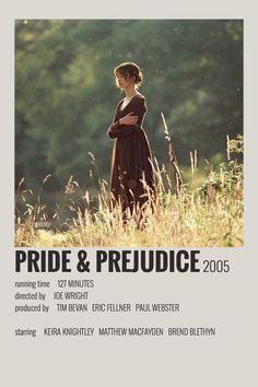 the poster for pride and rejudicce, featuring a woman standing in tall grass