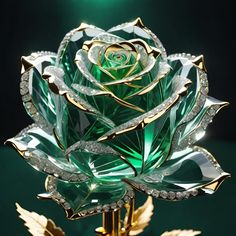 a green glass rose with diamonds on it