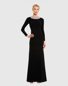 Jersey Long Sleeve Fitted Gown With Beaded Neck Elegant Long Sleeve Embellished Gown, Elegant Long Sleeve Gown For Night Out, Fitted Gown, Fitted Gowns, Maxi Dresses Fall, Jersey Long Sleeve, Bride Groom Dress, Beaded Neckline, Daytime Dresses