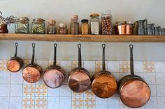 pots and pans are hanging on the wall