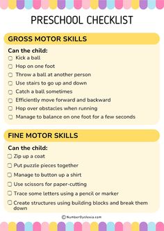 a printable checklist for gross motor skills to teach kids about how to use them