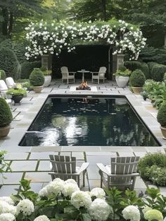 a pool surrounded by white flowers and chairs