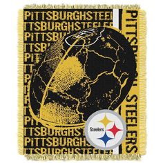 the pittsburgh football tapestry is shown in black, yellow and white with a logo on it