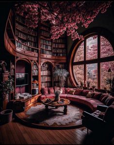 a living room filled with lots of furniture and bookshelves next to a large window