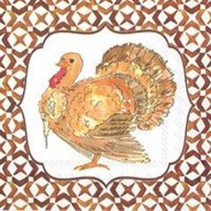 a drawing of a turkey on a white and brown checkered tablecloth with an ornate border