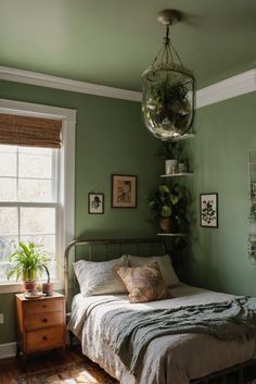 a bed sitting in a bedroom next to a window with potted plants on it