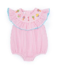 From Mud Pie&#x2C; this bodysuit features:Checked seersucker designRound necklineSmocking yoke with the numeral "1" plus cupcakes and ice cream embroideryRuffled detail with contrast ricrac trim Elasticized leg openingsSnap back and snap-leg closures to make changing easyCotton seersuckerMachine wash/tumble dryImported. Pink Onesie For Summer Birthday, Pink Onesie For Birthday In Summer, Pink Summer Birthday Onesie, Short Sleeve Bodysuit For Birthday In Summer, Short Sleeve Bodysuit For Summer Birthday, Preppy Baby Girl Outfits, Southern Baby Clothes, Preppy Baby Girl, First Birthday Party Outfit