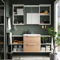 a modern bathroom with green walls and white cabinetry on the wall, along with a potted plant