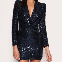 Amazing Navy Blue Sequined French Connection Dress Blue Embellished V-neck Mini Dress, Blue V-neck Sequin Dress For Formal Occasions, Blue Embellished Midi Dress For Party, Blue Fitted V-neck Sequin Dress, Blue V-neck Mini Dress For Gala, Blue Fitted Mini Dress For Dinner, Blue Long Sleeve Sequin Mini Dress, Blue Sequin Mini Dress For Date Night, Chic Blue Mini Dress With Sequins