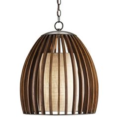 a wooden light fixture hanging from a chain