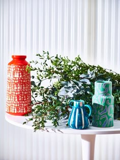 three vases sitting on top of a white table next to a green leafy plant