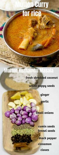 two different types of food are shown in this image and the words mutton curry for rice