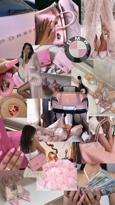 a collage of photos with pink shoes and purses