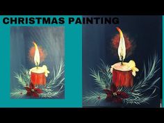 two paintings of a candle with red and white flowers on it, one is lit