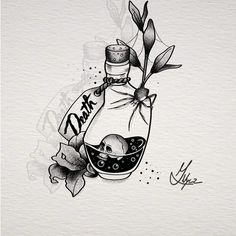 an ink drawing of a bottle with some fruit in it