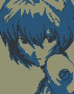 a cross - stitch pattern of a woman's face in blue and yellow colors