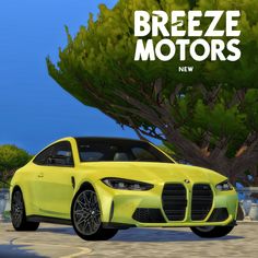 a yellow sports car parked in front of a tree with the words breeze motors next to it