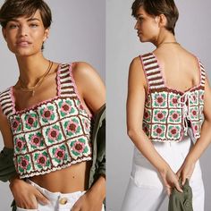 two pictures of a woman wearing a top with flowers on it