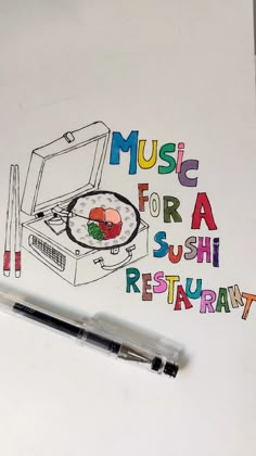 a notepad with the words music for a sushi restaurant on it next to a pen and marker