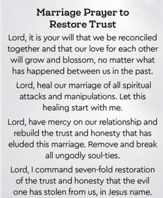 a poem written in black and white with the words marriage prayer to restore trust