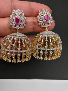 AD Color Stone Jhumki Earings - Red Desi Aesthetic, Jhumki Earrings, Color Stone, Social Events, Indian Jewelry, Stone Color, Desi, Stone, Red