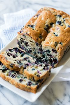 slices of blueberry bread on a white plate