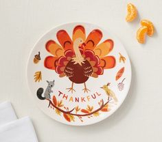 a thanksgiving plate with a turkey and squirrel on it, surrounded by oranges in the background