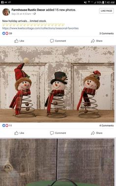 three snowmen sitting on top of each other in front of a wooden fence with the caption's facebook page below