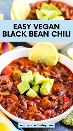 easy vegan black bean chili with avocado and lime