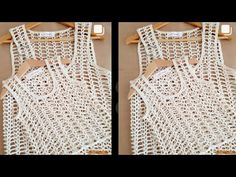 two pictures of white crocheted clothing hanging on wooden hangers with clothes pins attached to them