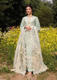 Brand: KAHFProduct Code: KFL-01 TABIRCollection: Kahf Festive Lawn Unstitched Spring Summer CollectionFabric: Lawn DESIGN DETAILS: Embroidered Lawn Front Panel 01-Piece Embroidered Lawn Back 0.76-Meter Embroidered Lawn Sleeves 0.65-Meter Solid Dyed Lawn Front Side Panel 0.25-Meter Embroidered Organza Sleeves Motifs 01-Pair Embroidered Organza Sleeves Border 01-Meter Embroidered Organza Front Daman Border 0.8-Meter Embroidered Organza Dupatta Pallu Border 2.25-Meters Digital Printed & Embroidered Cotton Net Patched Dupatta 2.5-Meters Solid Dyed Cambric Trouser 2.5-Meters DISCLAIMER:* Lining, Laces, and Tassels are not included in unstitched variants.* Embellishment items in stitched outfits are subject to market availability.* The actual colors of the outfit may vary from the colors being d Pakistani Suits Online, Lawn Design, Organza Sleeves, Embroidered Organza, Luxury Wear, Lawn Fabric, Lawn Shirts, Organza Dupatta, Net Dupatta