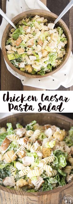 chicken caesar pasta salad in a wooden bowl