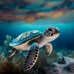 a sea turtle swimming over corals in the ocean