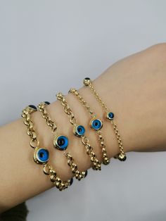 14K Solid Gold Evil Eye Bracelet, Gold Blue Evil Eye Rolo Chain Bracelet, Gold Rolo Chain Evil Eye Station Bracelet - With our 30 years of experience in the gold and jewelry industry, it is a great source of pleasure for us to produce useful jewelry that you can wear with pleasure. - Every woman is special. And all women are more precious to us than any jewel. I wish you a pleasant shopping experience. - Thank you for choosing HYGoldJewelry. We will continue to play a key role in the jewelry ind Cheap Adjustable Elegant Evil Eye Bracelet, Blue Evil Eye Bracelet With Adjustable Chain, Blue Metal Bracelet With Evil Eye, Blue Metal Bracelets With Evil Eye, Blue Evil Eye Metal Bracelet, Elegant Blue Evil Eye Bracelet With Adjustable Chain, Blue Round Chain Jewelry, Blue Charm Bracelet With Adjustable Chain, Adjustable Blue Chain Bracelet