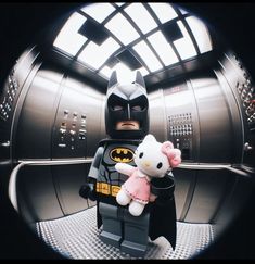 a lego batman with a hello kitty doll in it's hand and the image is taken through a fisheye lens