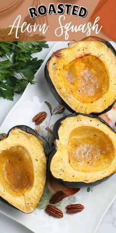 roasted acorn squash on a plate with pecans and parsley in the background