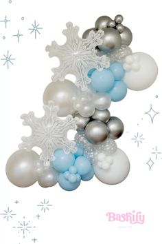 an image of balloons and snowflakes on a white background