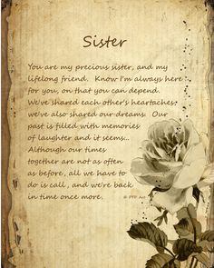 an old paper with a rose on it and the words sister written in cursive writing