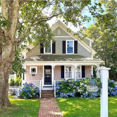 a house with blue flowers in the front yard