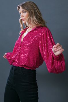 The Freedom Calls Sequin Top combines timeless design with modern style. It features a shirt collar, long sleeves, and an elasticized waistband for a figure-flattering fit. The glimmering sequins add a touch of glamour to any occasion. Details Self : 100% Polyester Lining : 100% Polyester Size & Fit - Model is 5`8" And Wearing Size Small - Measurements Taken From Size Small - Approx. Length: 21" Woman's Fashion, Flying Tomato, Fuchsia Color, Jewelry Outfit, Vintage Inspired Design, Sequin Top, Women's Summer Fashion, Shirt Collar, Timeless Design