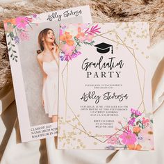 two graduation party flyers with flowers on them