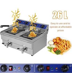 two deep fryers with fries on top and the words 200l above them are shown