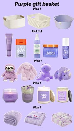 the purple gift basket is filled with items for baby's first birthday or christmas