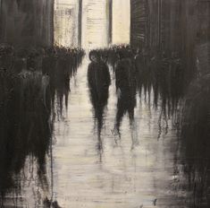 a painting of people walking down a street in the rain