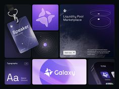 several different logos and business cards on a black background with purple hues in the middle