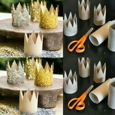 there are several different pictures of crowns made out of toilet paper and scissors on the table