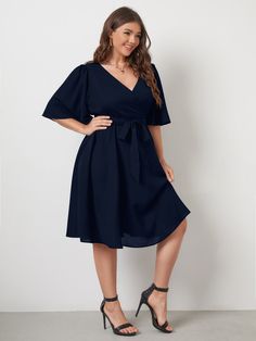 Navy Blue Casual  Half Sleeve Polyester Plain A Line  Non-Stretch Summer Plus Size Dresses Dresses For Mid Size Women Long Torso, Plus Size Fall Dresses Business Casual, Flattering Dresses Body Shapes Round, Plus Dress Business, Dress To Impress Plus Size Classy, Dresses For Wedding Guests Size 16, Navy Blue Dress For Wedding Guest Plus Size, Dresses For Busty Women Party, Apple Shape Dress Over 30