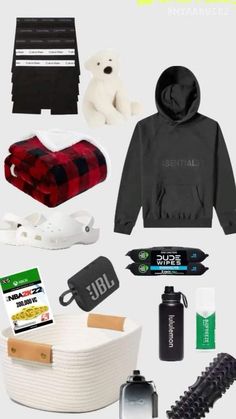 an assortment of items that include a hoodie, bag, and other items to be used