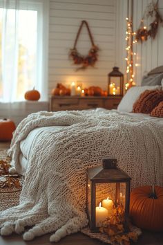 Rustic lanterns with LED candles adding a warm glow to a fall bedroom. Fall Decor For Bedroom, Fall Decor Ideas For Bedroom, Room Reset, Autumn Bedroom Decor, Halloween Room